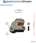 Heavy Duty Retractable Caster Wheels With Self Leveling Build And 220 Lb Load Capacity shown from the side with measurements and adjusting mechanism.