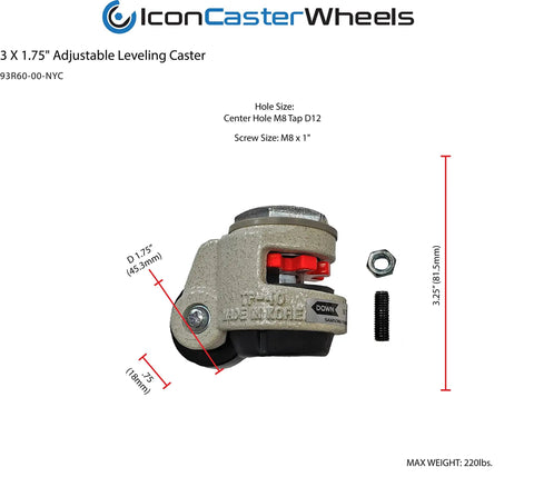 Heavy Duty Retractable Caster Wheels With Self Leveling Build And 220 Lb Load Capacity shown from the side with measurements and adjusting mechanism.
