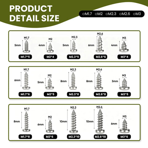 Detail sizes of 750 Piece Tiny Screws For Plastic And Metal M1.7 To M3 Phillips Pan Head Self Tapping Screws Silver