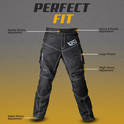 Mens Waterproof Motorcycle Pants with CE Armor and Ventilation Zippers Badass Tactical Cordura Adventure Riding Gear Rainproof Windproof Touring Pants Black with adjustable features.