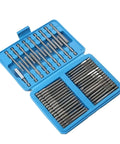 Premium 50 Pc Magnetic Screwdriver Bit Set With Extra Long 75mm Security Heads Includes Torx Star Hex And Spline Bits For Heavy Duty Jobs In A Tough Rugged Carrying Box Perfect For Any Garage Or DIY Project Ready To Handle Any Tough Screws. Blue case open with assorted 75mm magnetic driver bits