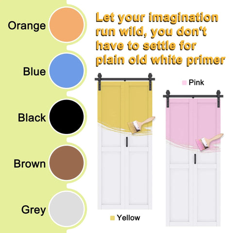 Vibrantly colored bi-fold barn doors in yellow and pink, part of 40 By 84 Inch Paintable White Primed Bi Fold Barn Door With Track Kit.