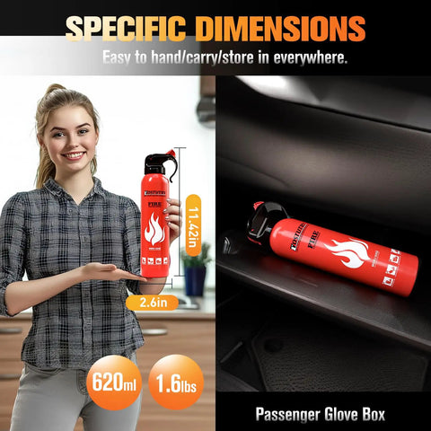 All-In-One 8-In-1 Fire Extinguishers Pack For Home Car Boat Kitchen With Mounts Class A B C K Fire Portable Non Toxic Prevent Reignition Easy Clean 4 Pack, showing size dimensions and person holding extinguisher