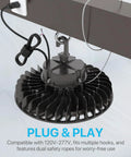 UFO Led High Bay Light 150W 21,750 Lumen 5000K Dimmable One To Ten Volt UL Listed installed with US hook and cable