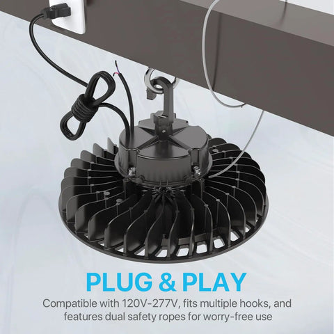 UFO Led High Bay Light 150W 21,750 Lumen 5000K Dimmable One To Ten Volt UL Listed installed with US hook and cable