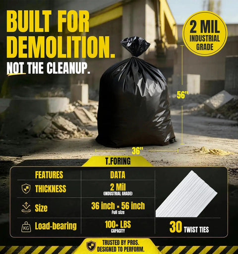 Beefed-Up Heavy Duty 55 Gallon Contractor Garbage Bags 2 Mil Thick, Black, standing on construction site with specs displayed.