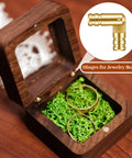 Concealed Gold Barrel Hinges Set 30 Pcs Brass Hidden Hinges For Jewelry Boxes Cabinets Small Woodworking Projects DIY Crafts Invisible Hardware For A Slick Clean Look shown on a wooden jewelry box