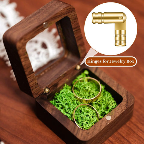Concealed Gold Barrel Hinges Set 30 Pcs Brass Hidden Hinges For Jewelry Boxes Cabinets Small Woodworking Projects DIY Crafts Invisible Hardware For A Slick Clean Look shown on a wooden jewelry box