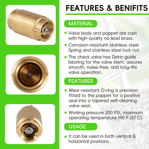 Brass 1-inch check valve with backflow preventer; 1 in FNPT × 1 in FNPT, no-lead brass (front view)