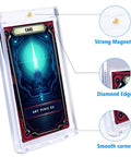 Magnetic Trading Card Holders 4 Pack With Acrylic Stands showing card, strong magnet, diamond edge, and smooth corner features.