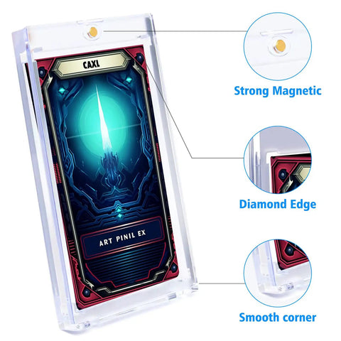 Magnetic Trading Card Holders 4 Pack With Acrylic Stands showing card, strong magnet, diamond edge, and smooth corner features.