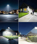30000W Solar Street Lights Outdoor illuminating a parking area, bright lights highlighting grass and paths at night.