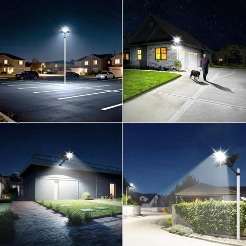 30000W Solar Street Lights Outdoor illuminating a parking area, bright lights highlighting grass and paths at night.