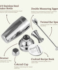 24 Ounce Cocktail Shaker Set With Bar Quality Strainer, Measuring Jigger, Mixing Spoon And Easy Recipe Guide For Beginners, Pro Grade Home Bar Kit In Silver, 18/8 stainless steel