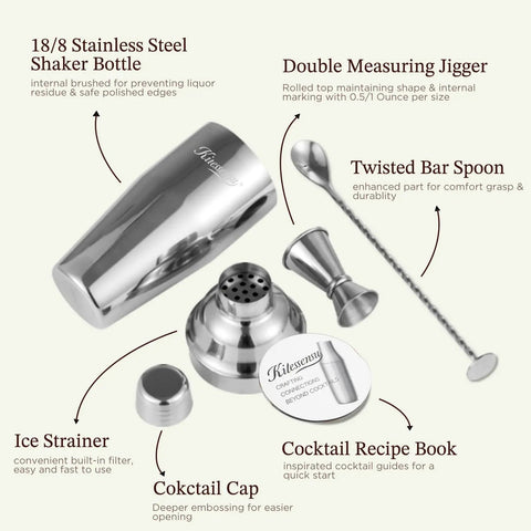 24 Ounce Cocktail Shaker Set With Bar Quality Strainer, Measuring Jigger, Mixing Spoon And Easy Recipe Guide For Beginners, Pro Grade Home Bar Kit In Silver, 18/8 stainless steel