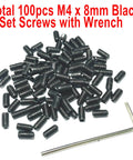 Close-up of 100 Pcs M4 x 8mm black set screws and Allen wrench on white background