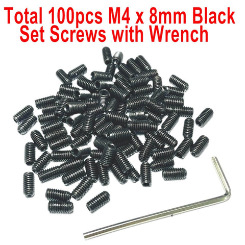 Close-up of 100 Pcs M4 x 8mm black set screws and Allen wrench on white background