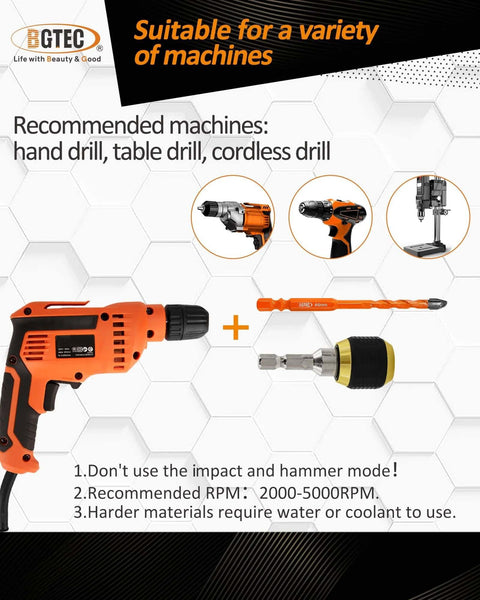 BGTEC 10-piece masonry drill bit set, carbide bits 3/16–1/2 in, shown with orange cordless drill and chuck adapter