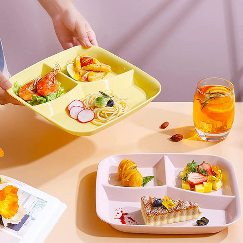 8 Pack Unbreakable Divided Dinner Plates With Three Compartments For Portion Control, 10 Inch Size, shown with food