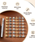 Premium 12Mm Screw Back Metal Studs And Rivets Kit With 40 Pieces Across 5 Fresh Colors And All Essential Hand Tools For Hardcore DIY Leather Crafting And Rock Solid Accessory Repairs, showcasing various studs.
