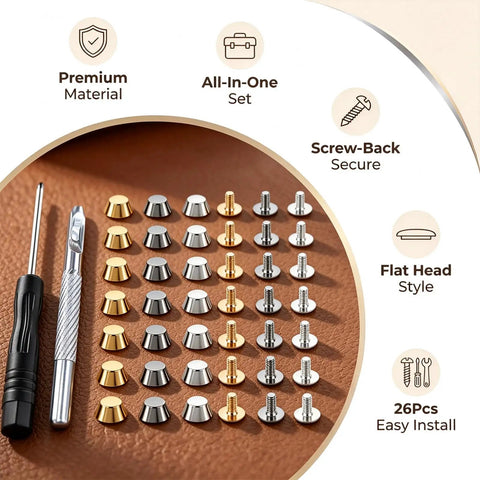Premium 12Mm Screw Back Metal Studs And Rivets Kit With 40 Pieces Across 5 Fresh Colors And All Essential Hand Tools For Hardcore DIY Leather Crafting And Rock Solid Accessory Repairs, showcasing various studs.