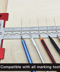 Heavy Duty Scriber T Square Ruler With Support Lips And Built In Scribe Notches Crafted From Rock Solid 301 Stainless Steel Plus Sturdy Aluminum Handle To Nail Every Carpenter Layout Job And Architectural Plan 12 Inch on a wooden surface with various marking tools.