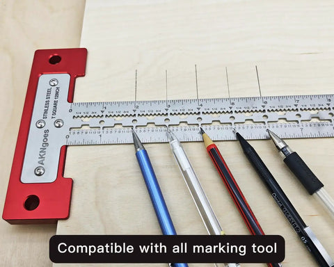 Heavy Duty Scriber T Square Ruler With Support Lips And Built In Scribe Notches Crafted From Rock Solid 301 Stainless Steel Plus Sturdy Aluminum Handle To Nail Every Carpenter Layout Job And Architectural Plan 12 Inch on a wooden surface with various marking tools.