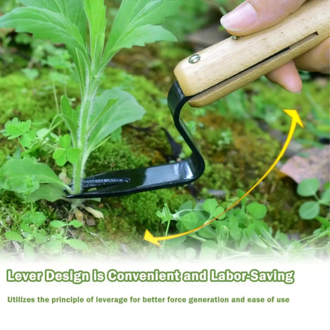 Close-up of Stainless Steel Hand Weeder Tool With Wood Handle Garden Weed Puller demonstrating leverage on a leafy plant