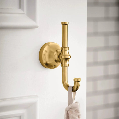 Colinet Double Robe Hook In Brushed Gold For Bath And Kitchen, Everyday Luxury Vibe installed on white wall holding towel