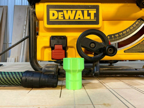 Hose Adapter For Festool 27mm To Dewalt Milwaukee And Ridgid 2 1 4 Inch Table Saws next to DeWalt tool, used for dust collection