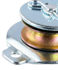 8 Pack Wall Mounted Pulleys Kit For Lifting And Hauling - 1.5 Inch Single Iron Pulley, Galvanized Steel, Directional Design, Fits Three Eighths Inch Wire Rope, Zinc Plated, Heavy Duty, Easy Install, Durable close-up of wall-mounted pulley with metal mounting base
