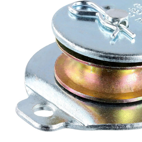 8 Pack Wall Mounted Pulleys Kit For Lifting And Hauling - 1.5 Inch Single Iron Pulley, Galvanized Steel, Directional Design, Fits Three Eighths Inch Wire Rope, Zinc Plated, Heavy Duty, Easy Install, Durable close-up of wall-mounted pulley with metal mounting base
