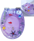 Vibrant Purple Round Resin Toilet Seat With Embedded Sea Shells, Hella Smooth Slow Close Metal Hinge, Tough Four Hundred Pound Capacity, Dope Color Locked Finish For Effortless Bathroom Refresh, top view.