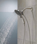 Two In One Dual Shower Head With Handheld Spray In Chrome, Detachable Shower Head With Hose, water flowing from fixed and handheld head