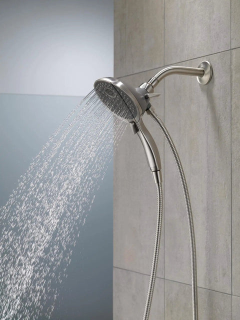 Two In One Dual Shower Head With Handheld Spray In Chrome, Detachable Shower Head With Hose, water flowing from fixed and handheld head