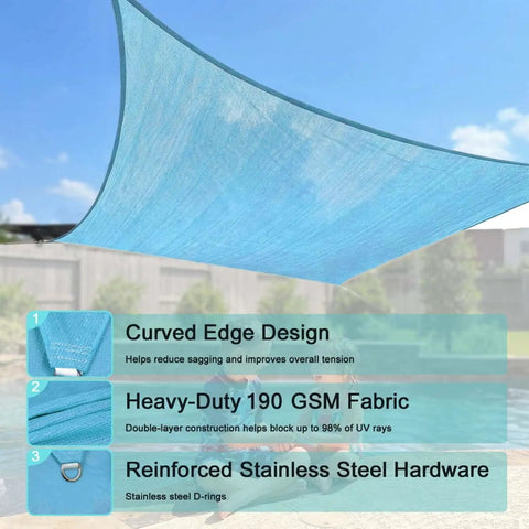 Turquoise 32 By 32 Foot Shade Sail Canopy with 190 GSM HDPE fabric and stainless steel hardware over patio poolside.