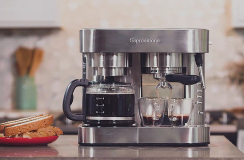 Stainless Steel Espresso And Coffee Maker Duo Brew Kit With 10 Cup Capacity 19 Bar ULKA Pump on a kitchen counter
