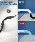 Durable Nylon Drain Snake 30 Inch Hair Clog Remover demonstration in sink and pipe, before and after cleaning results.