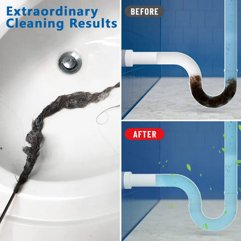 Durable Nylon Drain Snake 30 Inch Hair Clog Remover demonstration in sink and pipe, before and after cleaning results.
