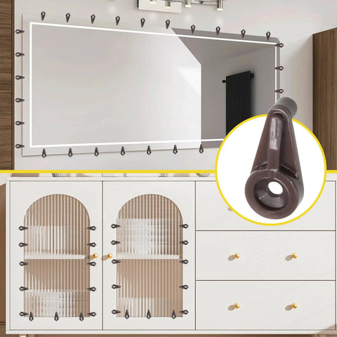 Heavy Duty Brown Mirror Hanging Clips 25 Pack Easy Snap Glass Retainer Brackets For Cabinets And Vanities shown on a mirror.