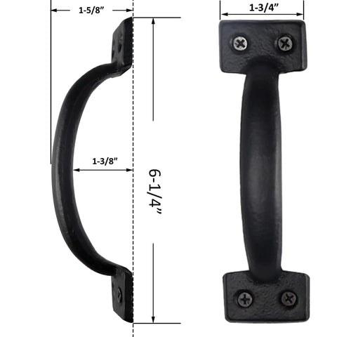 Heavy Duty Cast Iron Sliding Barn Door Handle Vintage Gate Pull For Fence Cabinet Outdoor Garage And Interior Black Finish Six And A Quarter Inch Long Two Pack Built Tough, shown with dimensions.