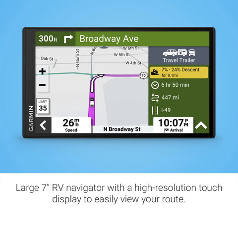 Big 7 Inch RV GPS Navigator With Custom RV Routes displaying Broadway Ave and estimated travel time