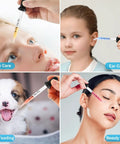 Collage of 8 pack glass pipette droppers with bent and straight tips, 1 ml measuring eyedroppers used for eye, ear, beauty, and pet care