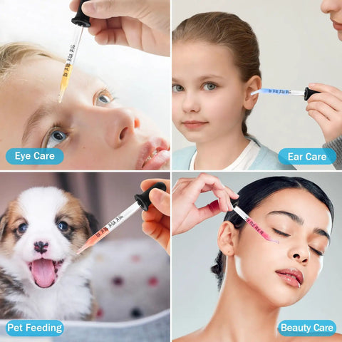Collage of 8 pack glass pipette droppers with bent and straight tips, 1 ml measuring eyedroppers used for eye, ear, beauty, and pet care