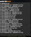 List showing compatibility of Honda motorcycles with fuel tanks from 2011-2022, including CBR250R/CB300R models.