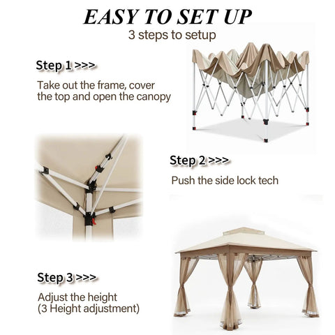 Easy setup guide for 11x11 Pop Up Gazebo Instant Setup Outdoor Canopy Tent With Waterproof Fabric, No Tools Needed, Khaki.