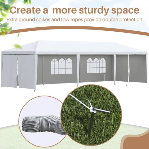 10x30 Outdoor Canopy With 6 Removable Side Walls, Heavy Duty Gazebo Shelter For Parties, Weddings, Barbecues And Events, Waterproof Tent, Snow White, Patio Camping Ready with ground spikes and ropes.