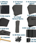 12 Cube Storage Organizer With 12 Included Bins Black Durable Shelves parts layout, including metal rods and fabric cubes.