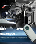 Direct Fit Replacement Grille Shutter Actuator Motor 84375398 showing before and after installation in engine compartment for Chevy GMC Cadillac trucks.