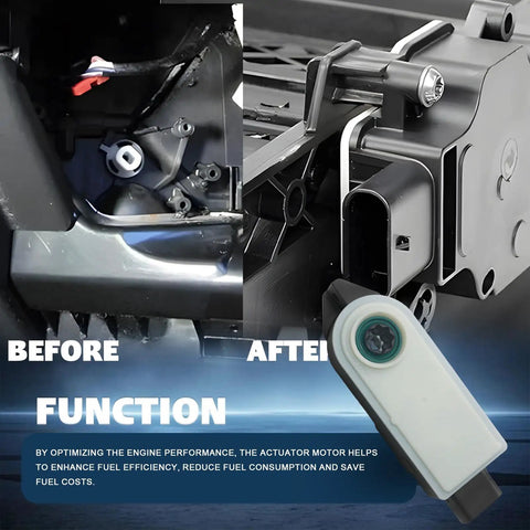 Direct Fit Replacement Grille Shutter Actuator Motor 84375398 showing before and after installation in engine compartment for Chevy GMC Cadillac trucks.